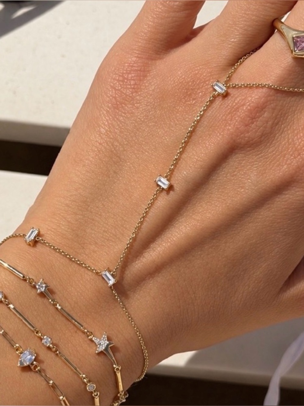 14K Gold Plated Rhodium Hand Chain Bracelet, Baguette CZ Stone Slave Bracelet